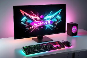 Gamer computer desktop with RGB lights on the background, Modern